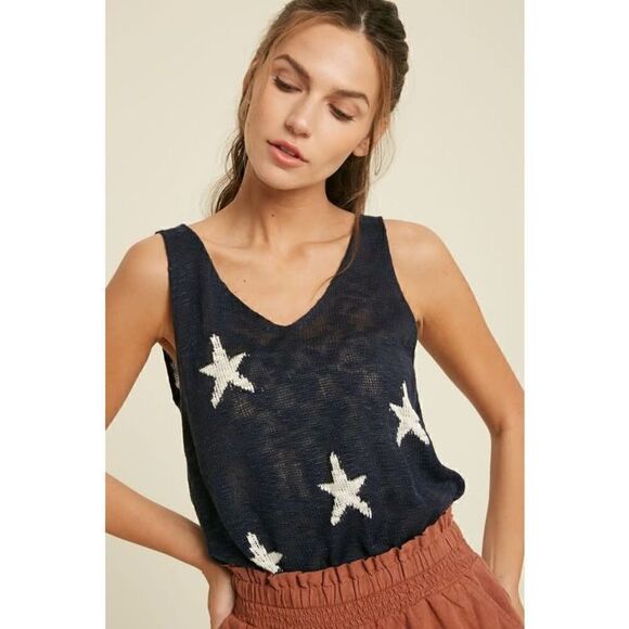 olivaceous navy tank with white stars - Picture 2 of 4